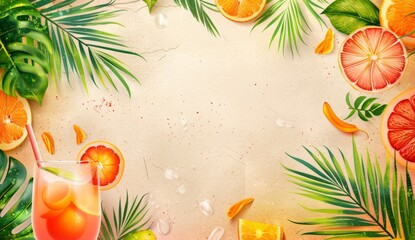 Tropical cocktail party banner template with an illustration of a tropical drink and palm leaves, orange fruit and colorful elements on a beige background with space for copy text Generative AI