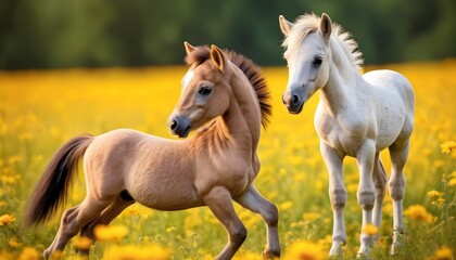 Obraz na płótnie Canvas Little pony foal play on a meadow with yellow flowers.
