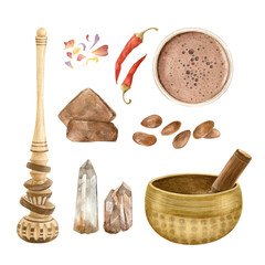 Set for cocoa ceremony. Chocolate, Singing bowl, cup of cocoa, malinillo, beans, chili and flower petals are hand painted in watercolor