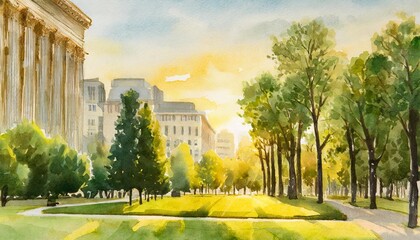 the watercolor picture of the city park with tall trees green lawns and facades of buildings in t - obrazy, fototapety, plakaty