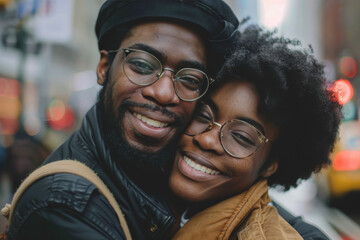 A man and woman wearing glasses are hugging and smiling for the camera - obrazy, fototapety, plakaty
