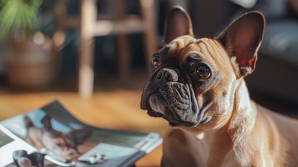 A dog sitting on the floor next to a book. Suitable for pet lovers or education concepts