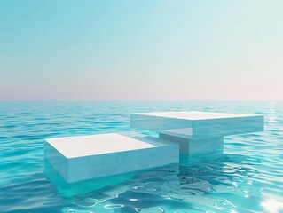 Contemporary pedestal set against a backdrop of crystal clear water. Highlight the beauty of the product from the clean blue sky ,Ai generate