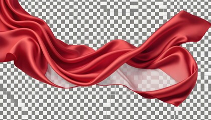 Flying red silk fabric. Waving satin cloth isolated on transparent PNG background.