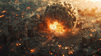 A dramatic explosion of smoke and fire in a city. Suitable for news articles or disaster preparedness materials. - obrazy, fototapety, plakaty