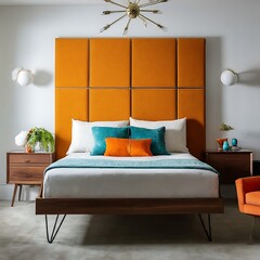 Vibrant and lively bedroom with a large bed, two nightstands, a chair, and a ceiling fan