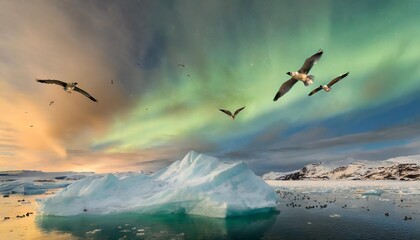 a group of birds flying over an iceberg under a sky filled with green and blue aurora aurora bores - obrazy, fototapety, plakaty