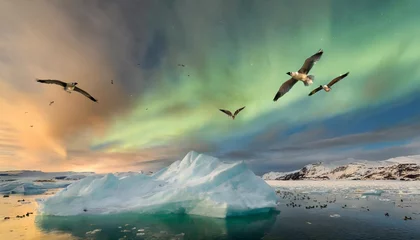 Fotobehang a group of birds flying over an iceberg under a sky filled with green and blue aurora aurora bores © joesph
