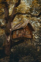 A tree house nestled in a lush forest, perfect for nature-themed designs