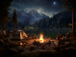 Illustration background of camp with a fireplace at late evening  - obrazy, fototapety, plakaty