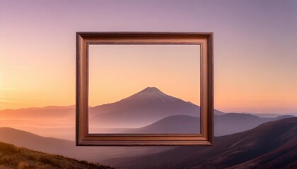 a captivating purple gradient isolated background adorned with a picturesque picture frame showcasing a mountain view and the warm glow of the sun