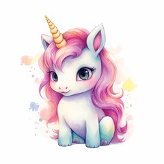 Watercolour Animal Clipart Cute Baby unicorn on white background