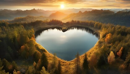 a heart shaped lake in the middle of untouched nature a concept illustrating the issues of nature conservation bio products and the protection of forests and woodlands in general 3d rendering - obrazy, fototapety, plakaty