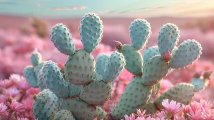   A cactus with pink flowers against a blue sky