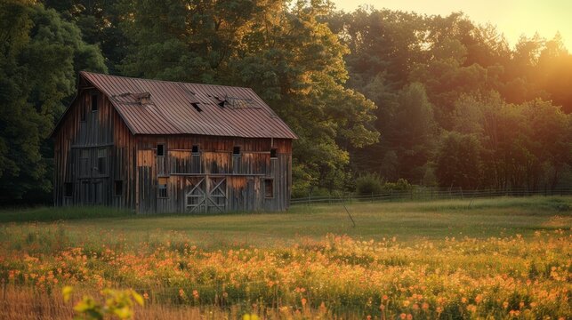 Weathered wood barn in pastoral setting at golden hour  detailed rustic photography with warm tones