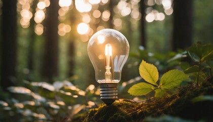 eco friendly leaf green energy light bulb in a lush forest background energy conservation icon 001 generative ai