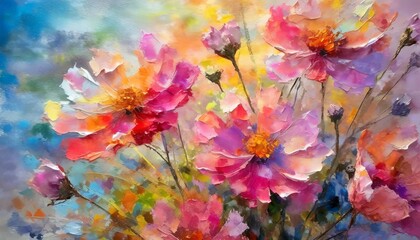 a vibrant modern art masterpiece depicting delicate pink flowers their petals painted with skillful...
