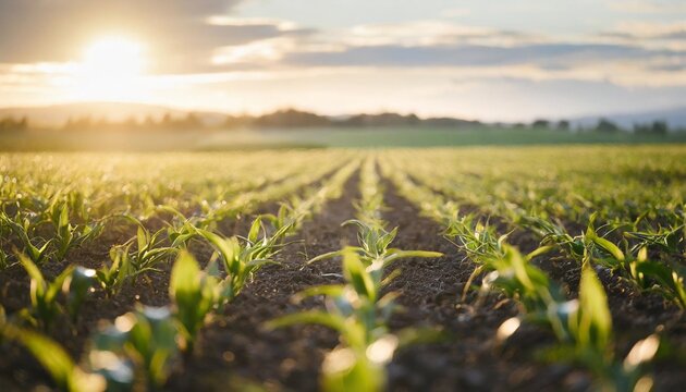 springtime corn field with fresh green sprouts in soft focus in a farmed farm area young green corn seedling sprouts are growing agricultural landscape with soil based corn sprouts generative ai