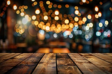 Bright holiday lights on rustic table, perfect for seasonal decorations - obrazy, fototapety, plakaty