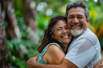 Fototapeta premium A man and woman are hugging and smiling for the camera