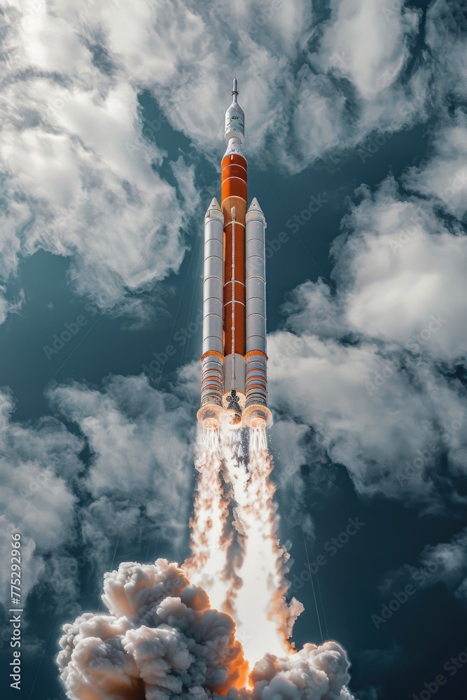 Poster a rocket taking off into the sky with smoke coming out of it. suitable for technology and innovation