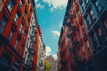 Obraz premium Cityscape with tall buildings in a narrow street, suitable for urban themes
