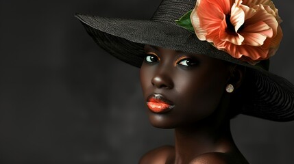 Graceful black woman in a stylish hat and flower, contrasted with a smooth black gradient backdrop