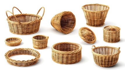 A collection of wicker baskets on a white background. Perfect for home decor or storage solutions