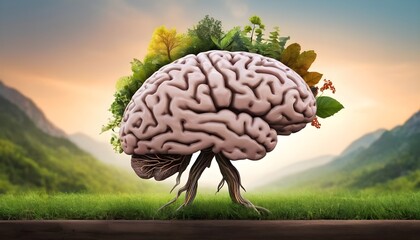 Silhouette of a brain with nature materials in front of epic background
