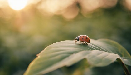 ladybug on a green leaf on blurred green nature background vertical image - obrazy, fototapety, plakaty
