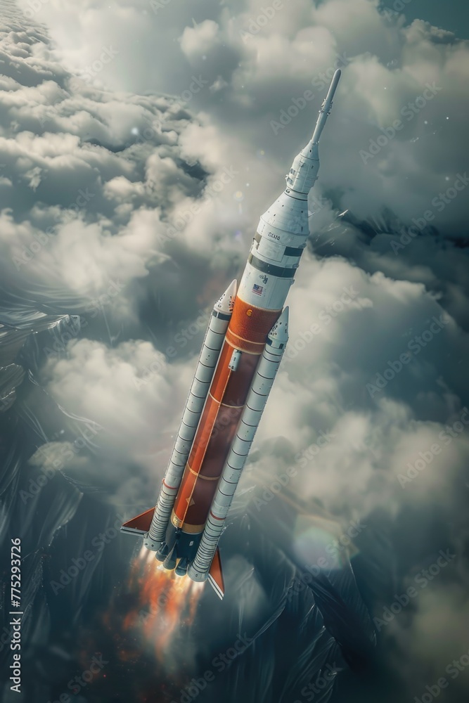 Poster A dynamic image of a rocket flying through the air. Suitable for various space-related concepts