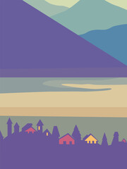 Landscape with houses and mountains. Vector illustration in flat style.