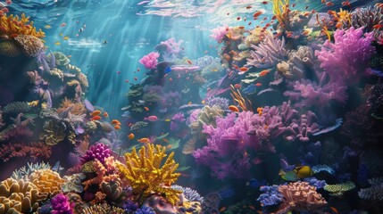 A vibrant coral reef teeming with various types of fish. Perfect for marine life and underwater themes