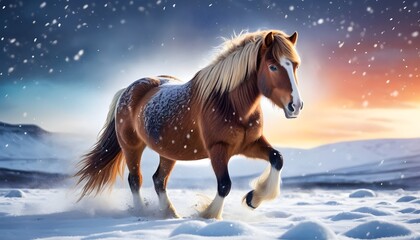 Typical Icelandic horse in winter landscape with falling snow.