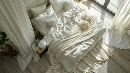 Fototapeta na wymiar white bedroom with wooden wall and pillows, bed, parquet, and blanket with blanket