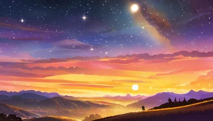 Deurstickers night with galaxy movie atmosphere beautiful colorful landscape anime comic style art illustration © joesph