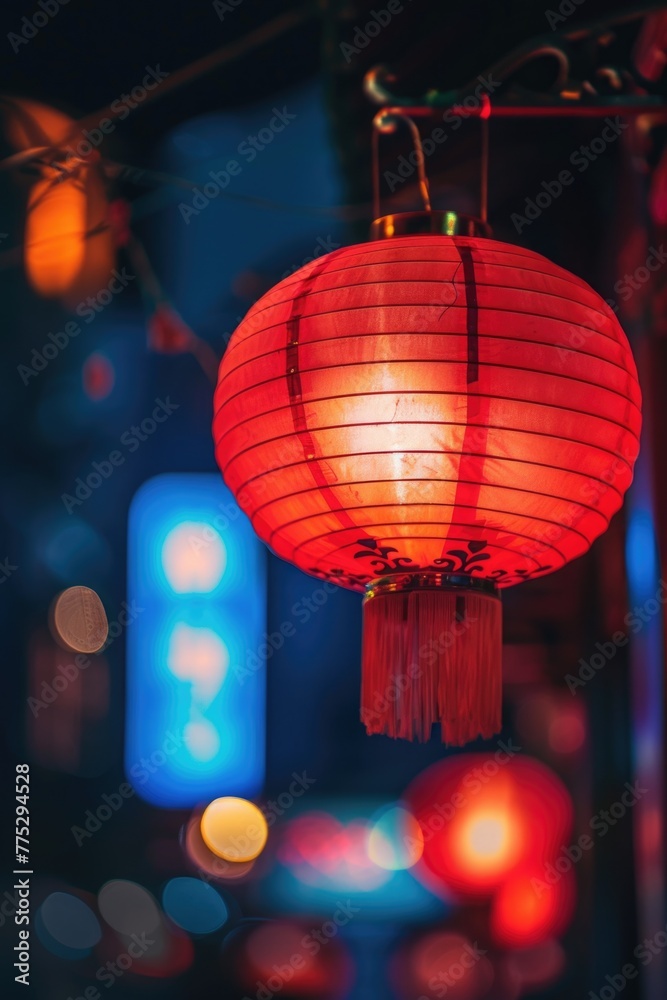Aufkleber A vibrant red paper lantern hanging from a string. Perfect for adding a pop of color to any setting