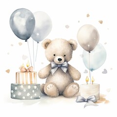 Watercolour Animal Clipart Cute Baby teddy bear Birthday with balloon, cake, on white background