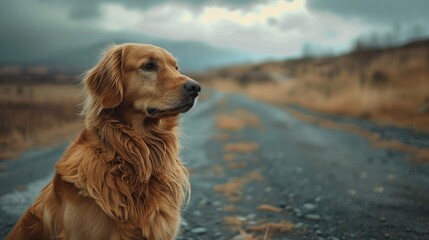 A dog sitting on the side of a road. Suitable for pet care or animal rescue concepts - Powered by Adobe