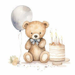 Watercolour Animal Clipart Cute Baby teddy bear Birthday with balloon, cake, on white background