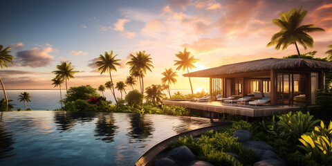 A beautiful tropical resort villa in tropical paradise with palm trees and ocean at sunset - obrazy, fototapety, plakaty