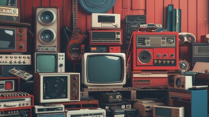 A pile of old televisions and electronic devices. Suitable for technology or recycling concepts - obrazy, fototapety, plakaty