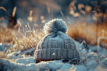 Knitted hat sitting on snow-covered ground. Suitable for winter concepts - obrazy, fototapety, plakaty