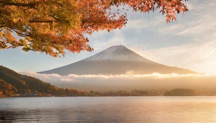 colorful autumn season and mountain fuji with morning fog and red leaves at lake kawaguchiko is one...