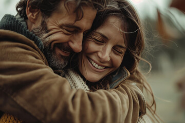 A man and woman hugging and smiling with their eyes closed - obrazy, fototapety, plakaty