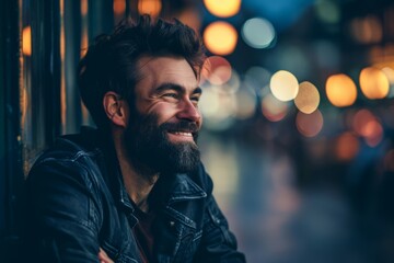 Portrait of a handsome bearded man in a city at night. - obrazy, fototapety, plakaty