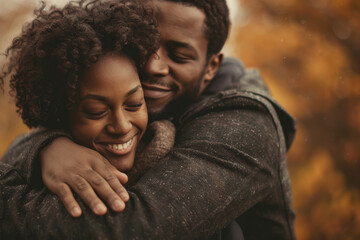 A man is hugging a woman who is smiling with her eyes closed - obrazy, fototapety, plakaty