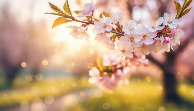 spring border or background art template with spring pink blossom beautiful nature scene with blooming tree and sun flare idyllic springtime nature closeup romantic flowers soft texture