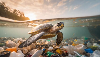 sea pollution impacts marine environment visible in photo of turtle swimming amidst plastic waste and debris with copyspace for text - obrazy, fototapety, plakaty