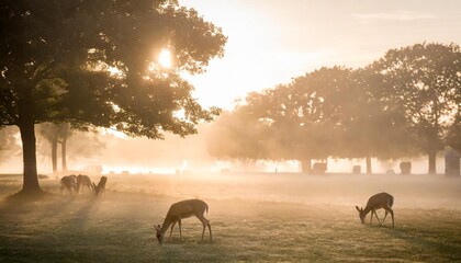 deer grazing in park during mist